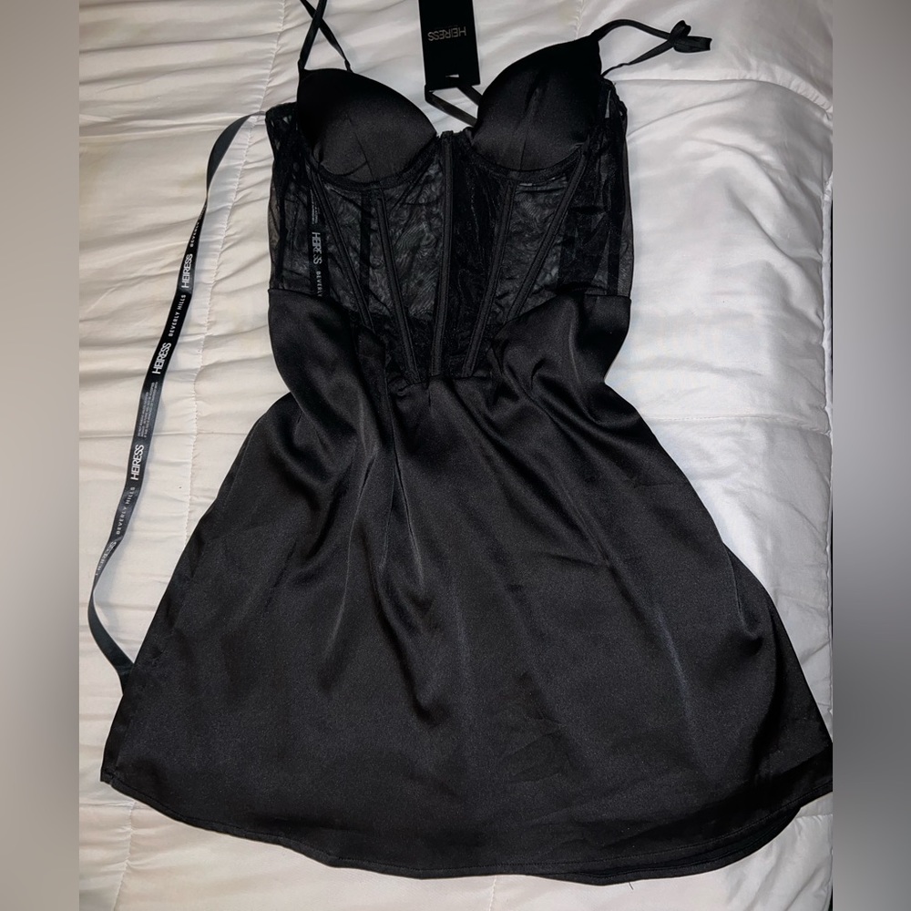 Black Mesh Corset Satin Mini Dress